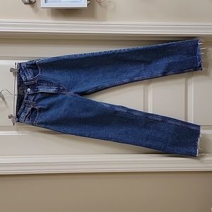 Abercrombie & Fitch Straight Leg Raw Hem Cropped Dark Wash Jeans Women